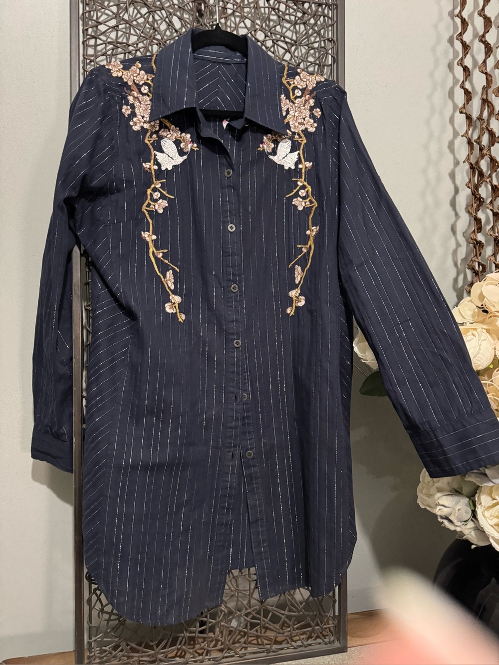 Possibly Johnny Was Floral Navy Pinstripe Boho Longline Tunic Shirt M/L